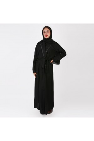 Abaya with jacket collar, front pockets and tie belt