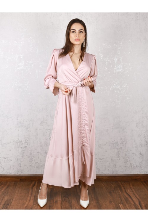 فستان ساتان بقصة واسعة و حزام ربط