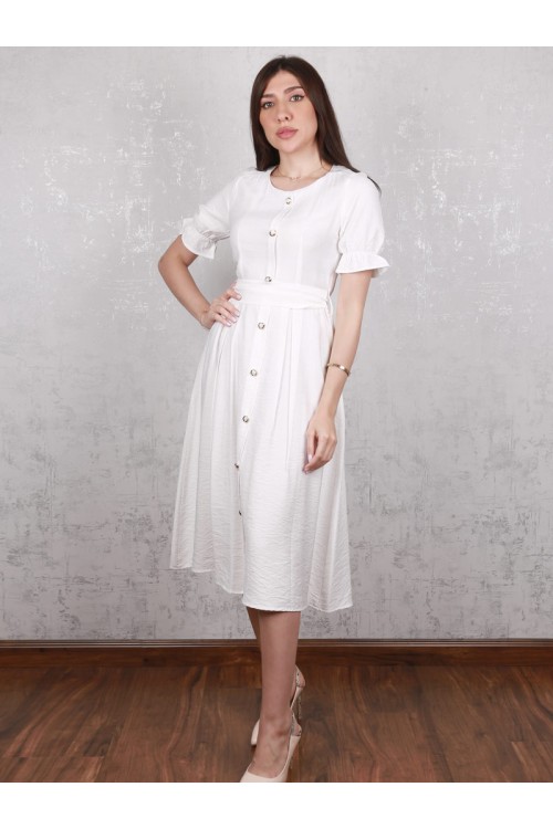 فستان سادة بياقة دائرية و أكمام قصيرة
