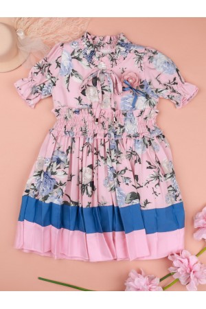 Pleated dress with floral prints and high neck