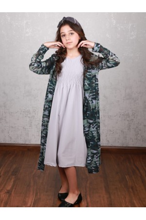 Elastic-detailed dress with a printed cardigan
