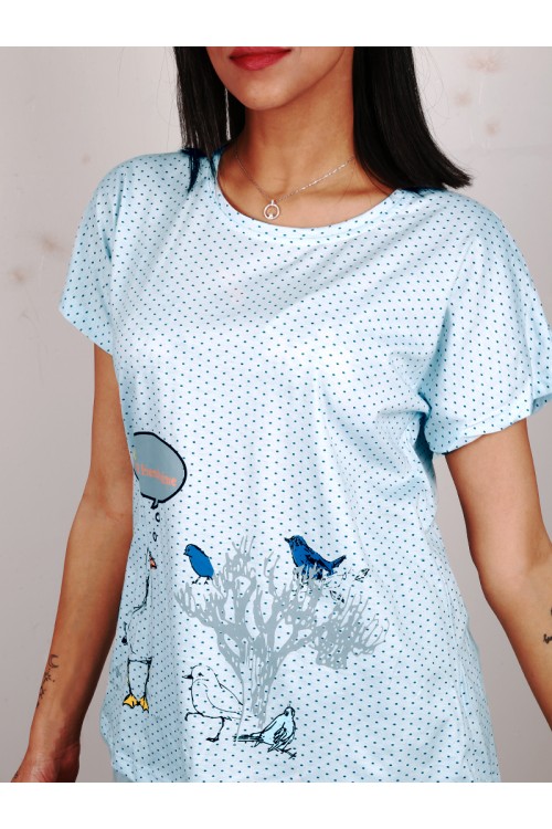 بيجاما بنطلون و تيشيرت مخطط مزين بطبعات