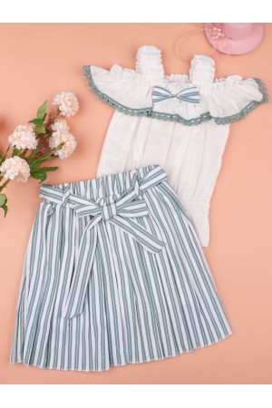 Striped skirt and off-shoulder blouse set