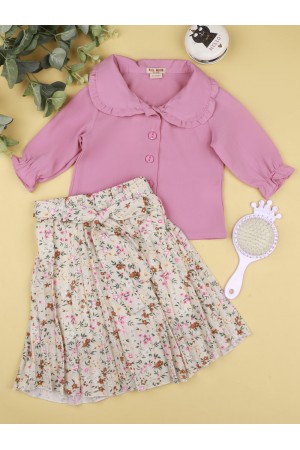 Floral print skirt set with ruffle collar shirt
