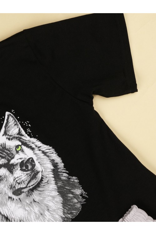 طقم شورت بخصر مطاطي مع تيشيرت بطبعات