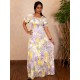 فستان طويل بتفاصيل مطاط مزين بطبعات زهور
