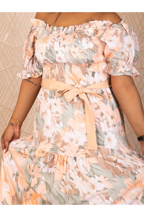 فستان طويل بتفاصيل مطاط مزين بطبعات زهور