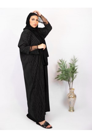 Striped abaya with dotted chiffon sleeves and veil