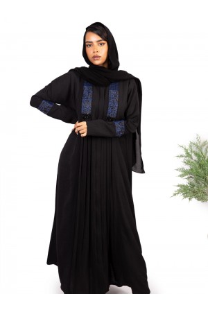 Black women's abaya with pleats and blue calf