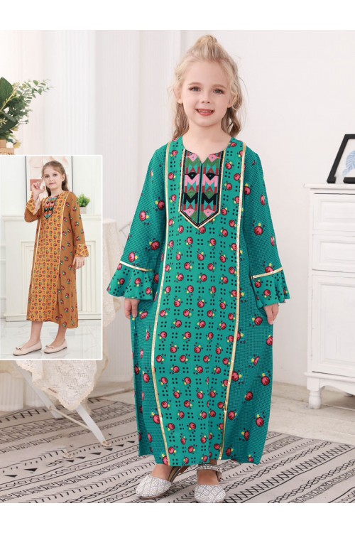 جلابية بناتية بطبعات وزخرفة ذهبية