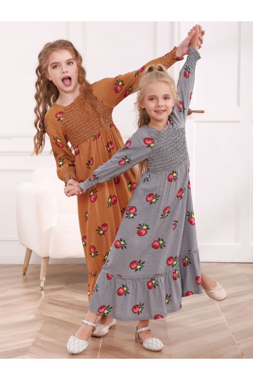 جلابية بناتية قطن  بأكمام طويلة ونقشات