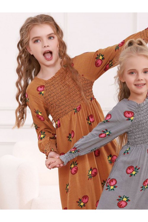 جلابية بناتية قطن  بأكمام طويلة ونقشات