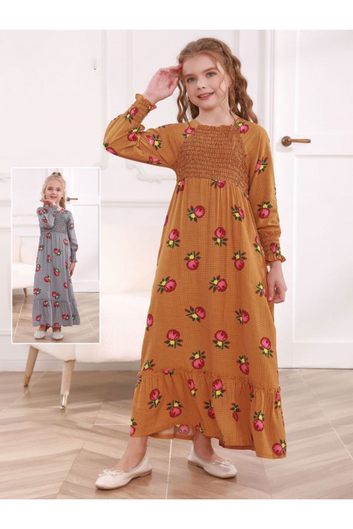 جلابية بناتية قطن  بأكمام طويلة ونقشات