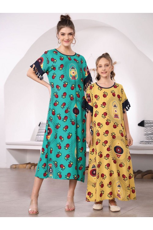 جلابية قطن ميدي فضفاضة مزينة بطبعات