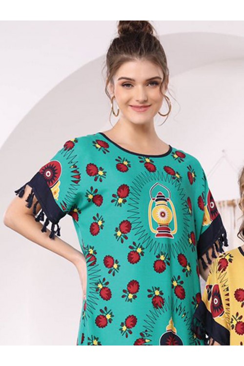 جلابية قطن ميدي فضفاضة مزينة بطبعات