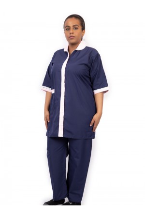 Worker uniform featuring zip fly, short sleeves, and front pockets