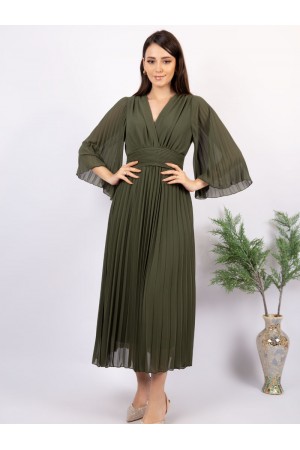 Plain midi dress with pleats and flared sleeves