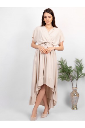 Plain dress, long in the back and short in the front, with short sleeves and a belt at the waist