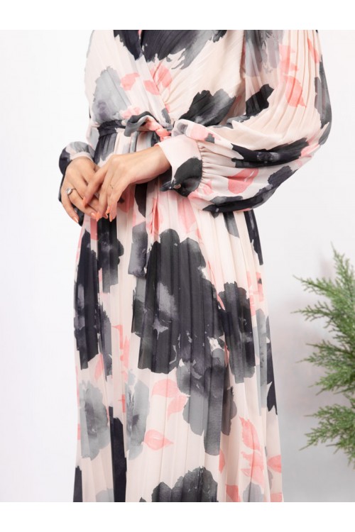 فستان ميدي مشجر بأكمام طويلة