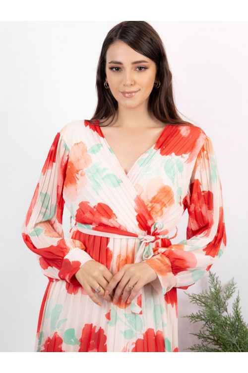 فستان ميدي مشجر بأكمام طويلة