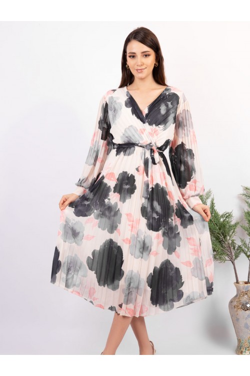 فستان ميدي مشجر بأكمام طويلة