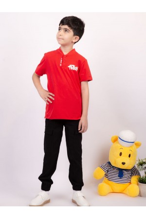 Boys' set with a T-shirt with cartoon graphics on the back and ruffled pants