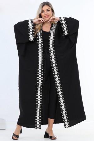 Black abaya with square sleeves and decorative edges