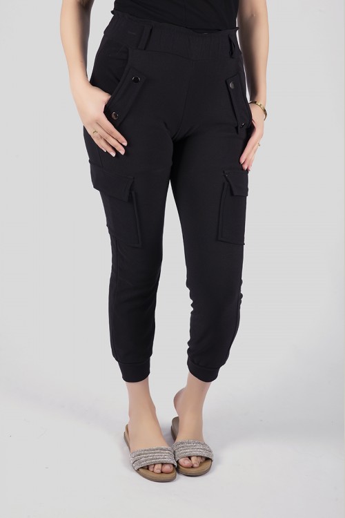 بنطلون نسائي شتوي مبطن  أنيق لون أسود خصر عالي بجيوب أمامية وعلى الجوانب مزينة بالأزرار