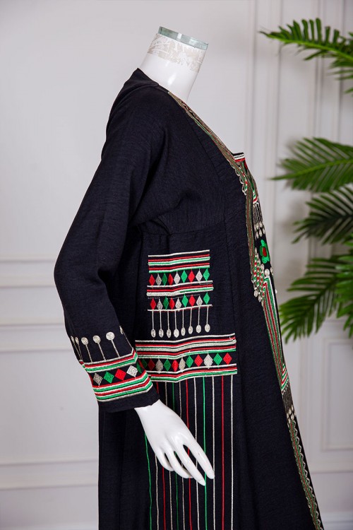 جلابية تراثية نسائي متعدد الالوان تطريز عسيري ونقوشات ملونة من الأمام والجوانب و الأكمام