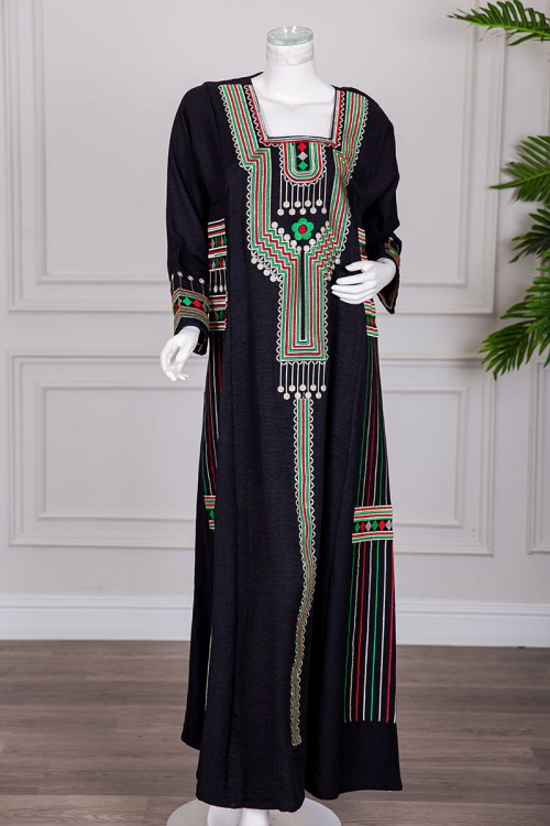 جلابية تراثية نسائي متعدد الالوان تطريز عسيري ونقوشات ملونة من الأمام والجوانب و الأكمام