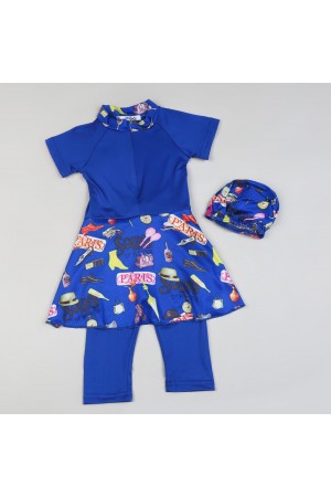 بدلة سباحة بأكمام قصيرة مزينة بطبعات - قطعتين  