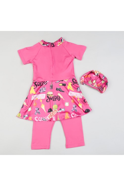 بدلة سباحة بأكمام قصيرة مزينة بطبعات - قطعتين