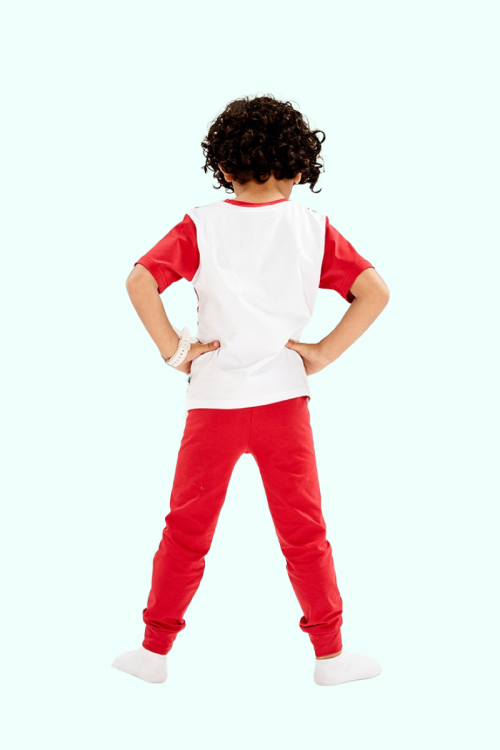 بيجاما ولادي سبيستون قطعتين لون أحمر و أبيض بأشكال شخصيات كرتونية كودو مودو و بنطلون طويل