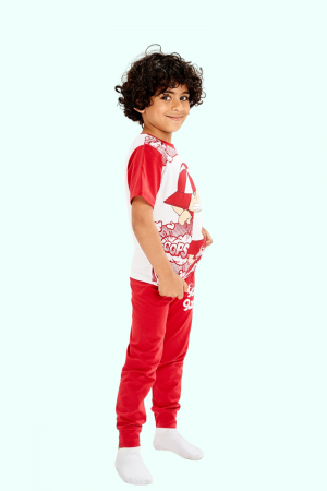بيجاما ولادي سبيستون قطعتين لون أحمر و أبيض بأشكال شخصيات كرتونية كودو مودو و بنطلون طويل
