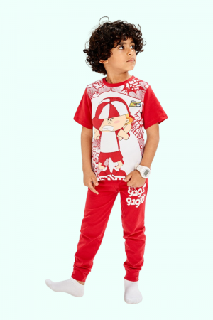 بيجاما ولادي سبيستون قطعتين لون أحمر و أبيض بأشكال شخصيات كرتونية كودو مودو و بنطلون طويل