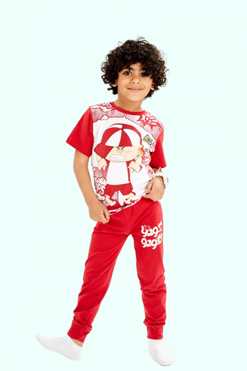 بيجاما ولادي سبيستون قطعتين لون أحمر و أبيض بأشكال شخصيات كرتونية كودو مودو و بنطلون طويل