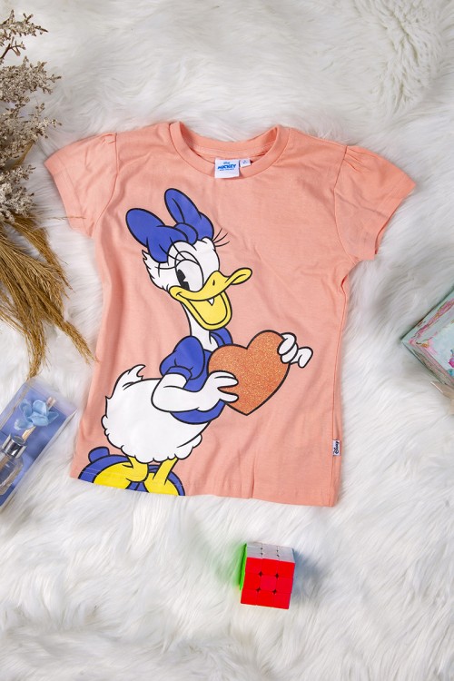 بيجاما بناتي أنيق قطعتين لون برتقالي تي شيرت بأكمام قصيرة و رسومات بطوط من الأمام وبطلون ضيق من الأسفل