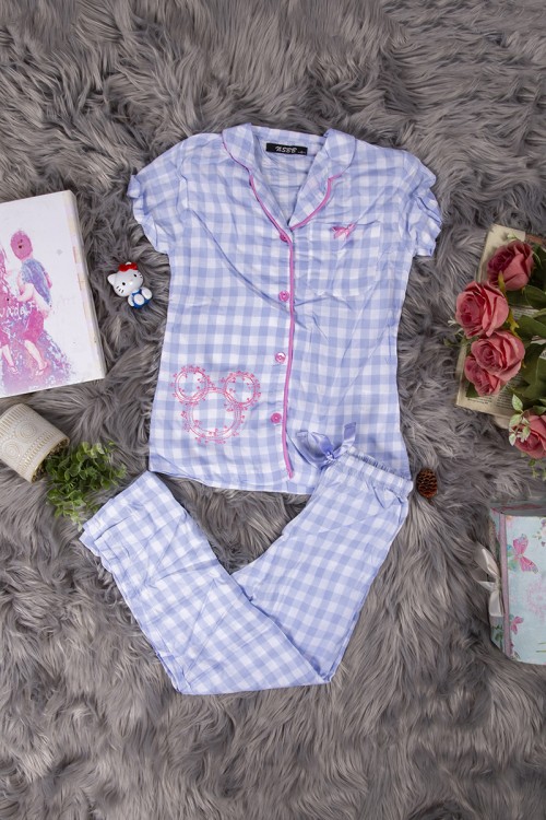 بيجاما بناتي أنيقة قطعتين قميص كاروهات أكمام قصيرة بياقة و أزرار أمامية وبنطلون برباط على الخصر