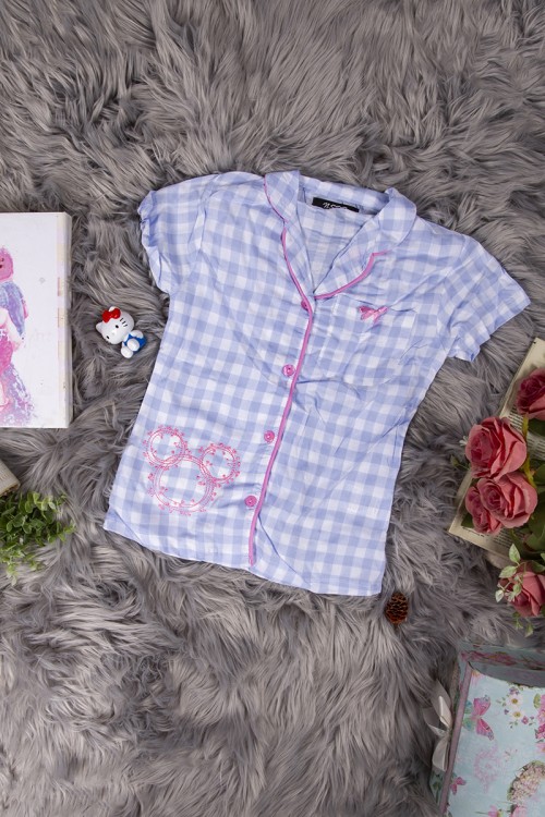 بيجاما بناتي أنيقة قطعتين قميص كاروهات أكمام قصيرة بياقة و أزرار أمامية وبنطلون برباط على الخصر