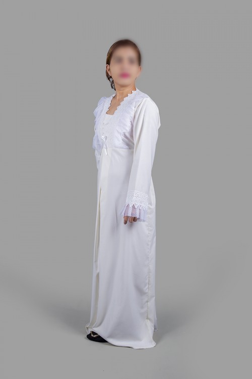 قميص نسائي رضاعة قطعتين لون سكري بأطراف دانتيل على الصدر و الأكمام مع طرحة