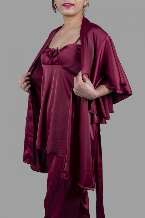 قميص بيجاما لانجري نسائي 3 قطع لون عودي قماش ستان أرميني بفيونكة من الأمام ورباط على الخصر 