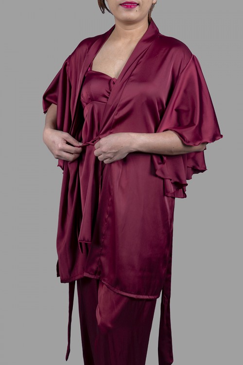 قميص بيجاما لانجري نسائي 3 قطع لون عودي قماش ستان أرميني بفيونكة من الأمام ورباط على الخصر 