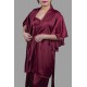 قميص بيجاما لانجري نسائي 3 قطع لون عودي قماش ستان أرميني بفيونكة من الأمام ورباط على الخصر 