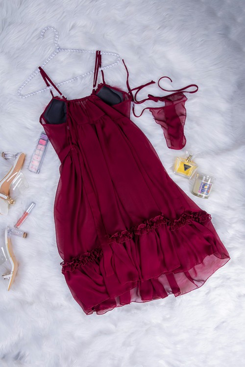 قميص لانجري نسائي قطعتين لون عودي قماش ستان وريش من الصدر 