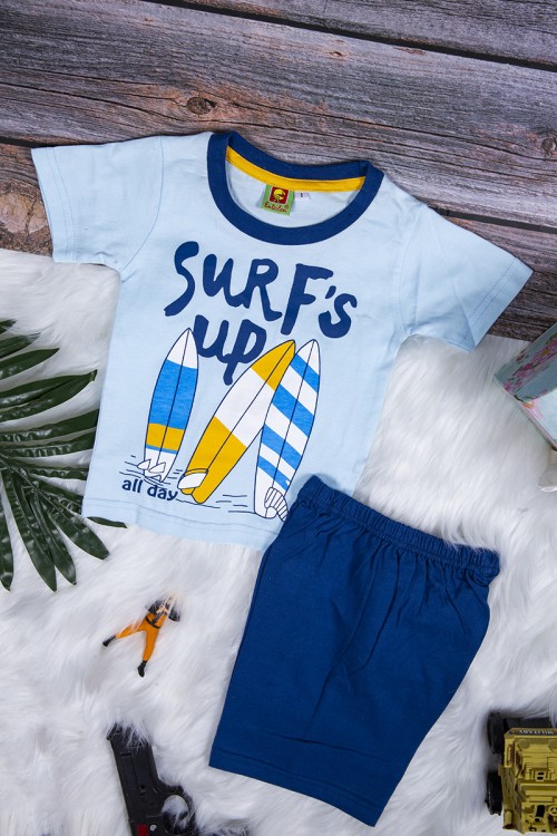 طقم بيجاما ولادي قطعتين تيشرت أكمام قصيرة بكتابات من الأمام مع شورت قصير