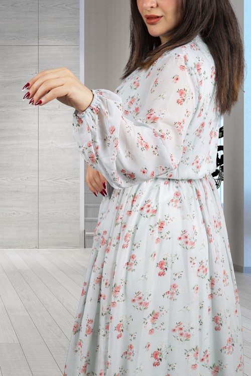 فستان نسائي أنيق قماش شيفون مشجر طويل برباط على الرقبة وزم من الخصر و الأكمام 