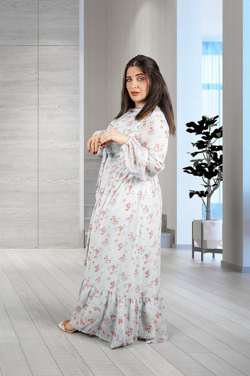 فستان نسائي أنيق قماش شيفون مشجر طويل برباط على الرقبة وزم من الخصر و الأكمام 