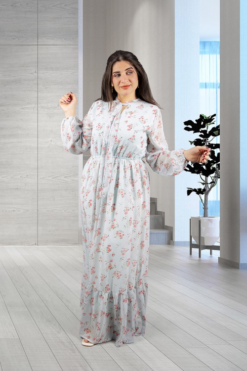 فستان نسائي أنيق قماش شيفون مشجر طويل برباط على الرقبة وزم من الخصر و الأكمام 