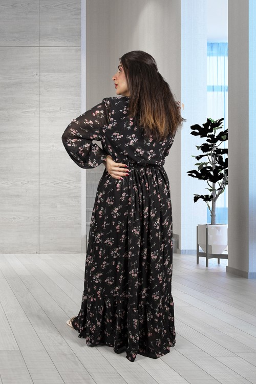 فستان نسائي أنيق قماش شيفون مشجر طويل برباط على الرقبة وزم من الخصر و الأكمام 