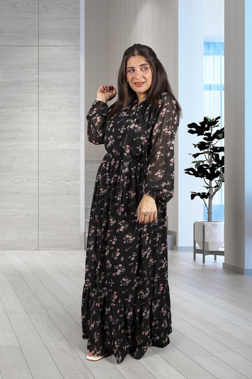 فستان نسائي أنيق قماش شيفون مشجر طويل برباط على الرقبة وزم من الخصر و الأكمام 